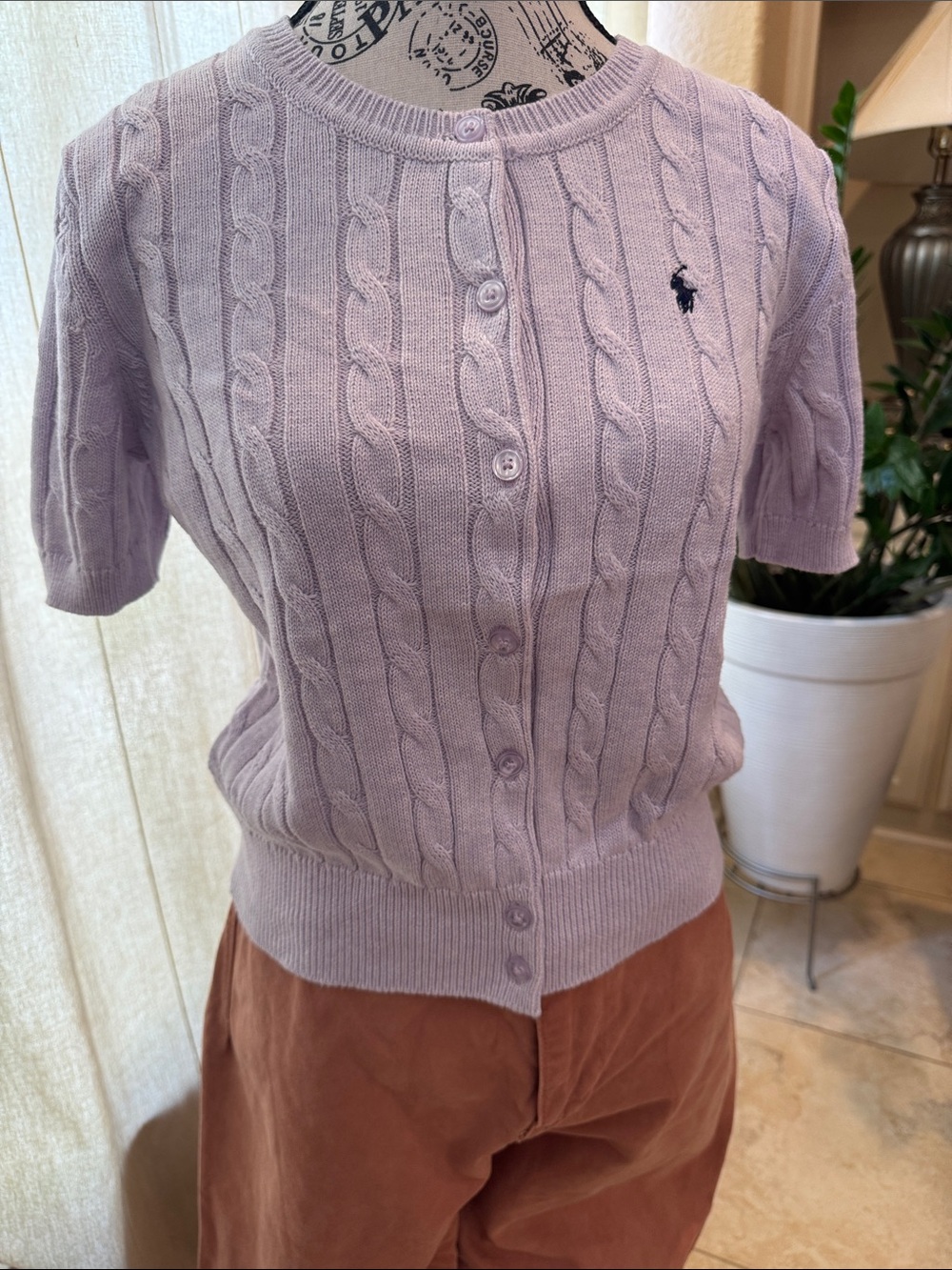 Ralph Lauren Light Lavender Cable-Knit Short Sleeve Cardigan